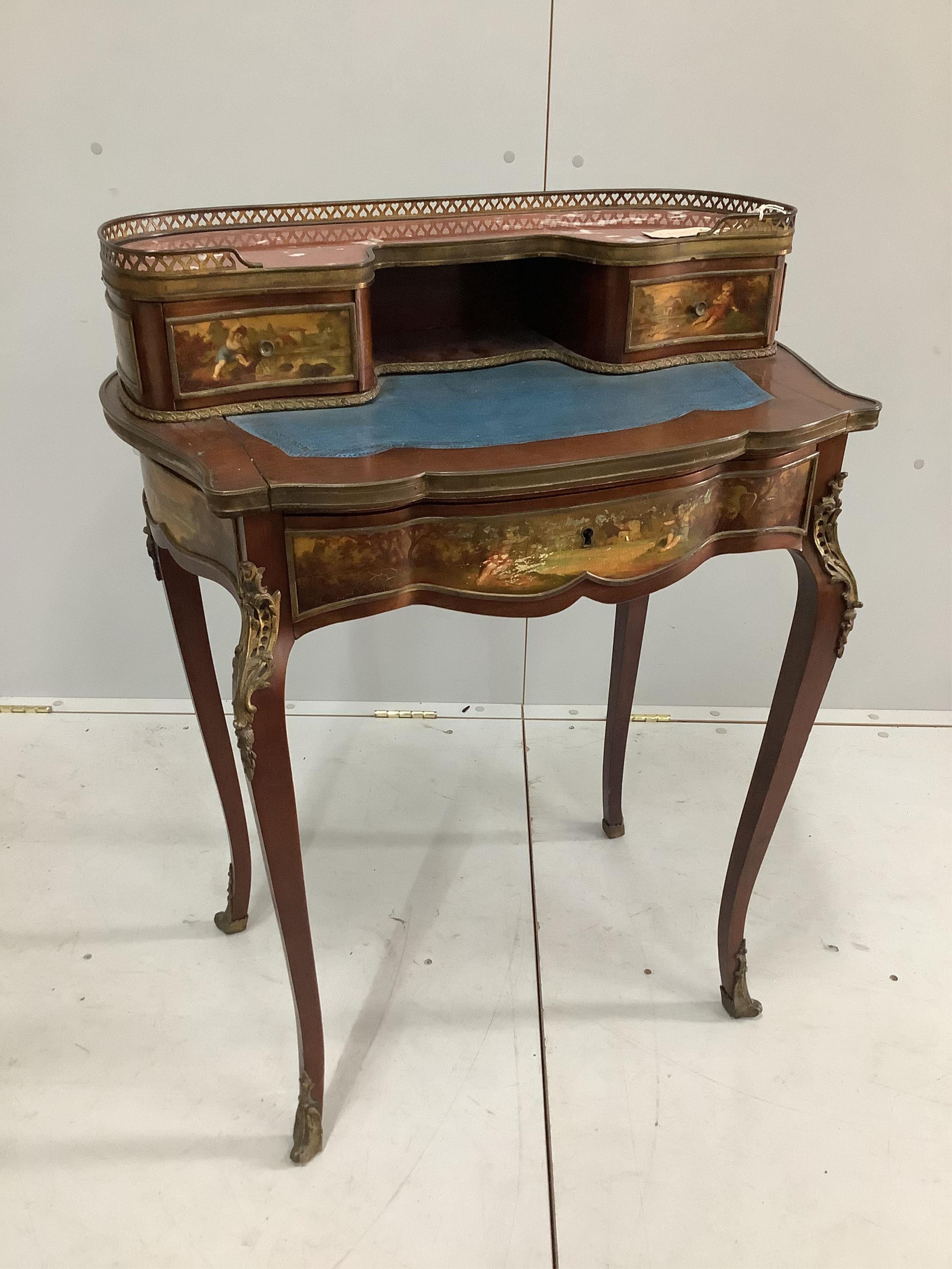 An early 20th century French marble topped Vernis Martin style mahogany bureau de dame, width 71cm, depth 47cm, height 90cm. Condition - fair